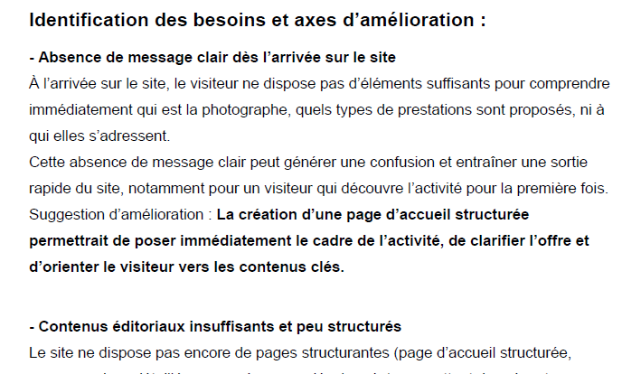 Extrait d'audit éditorial de rédaction web réalisé pour Manon Photography
