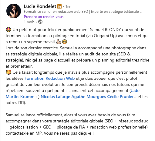 Retour de Lucie Rondelet suite à un projet de fin de formation en rédaction web
