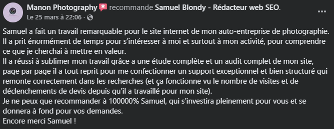 Témoignage de Manon Photography suite à un audit éditorial et réécriture de site